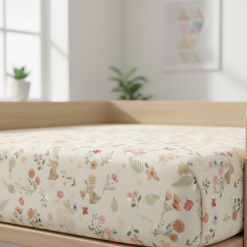 drap housse pour bebe motif fleurs roses detail tissu coton creme doux