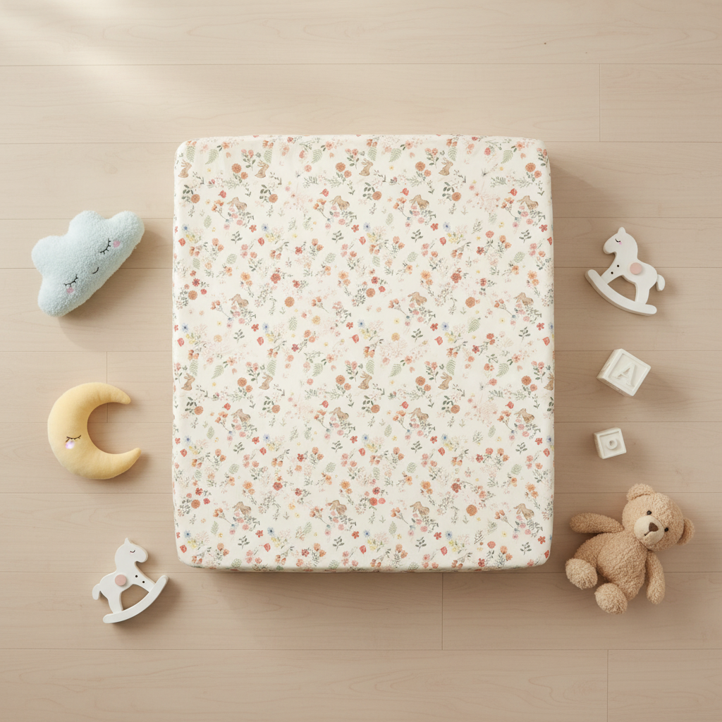 drap housse pour bebe motif fleurs roses creme flat lay vue dessus jouets peluches