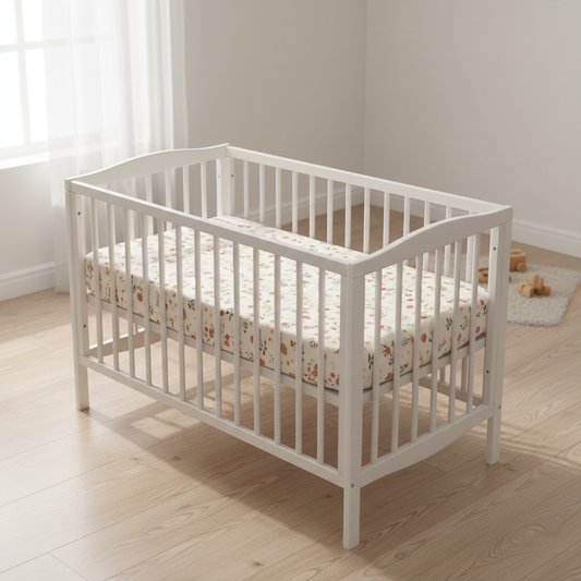 drap housse pour bebe fleuri rose creme sur lit barreaux chambre nordique