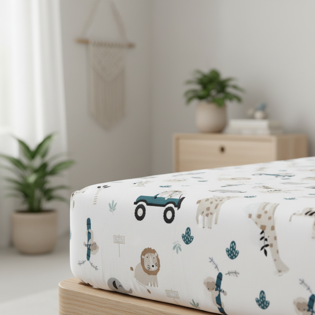 drap housse lit bebe motif animaux jungle detail tissu coton blanc doux