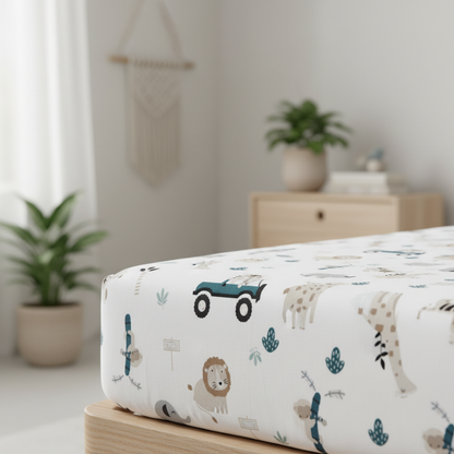 drap housse lit bebe motif animaux jungle detail tissu coton blanc doux