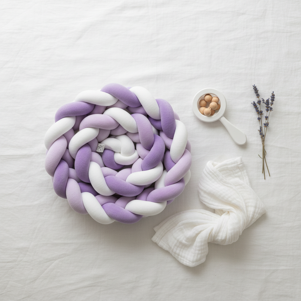 Flat lay tresse de lit blanc lavande mauve avec accessoires bébé