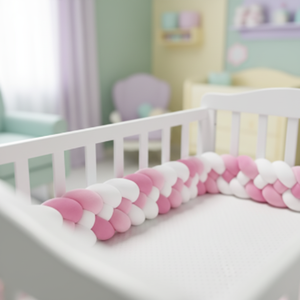 Gros plan texture tresse rose et blanc, tour de lit bébé, lumière naturelle douce