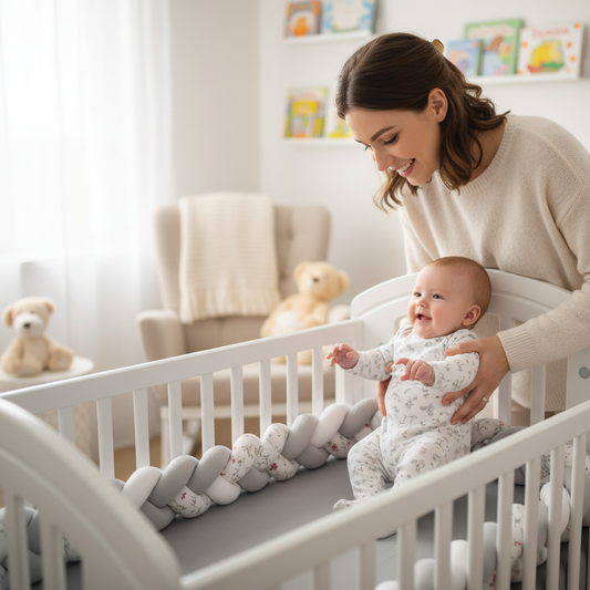 Maman et bébé avec tresse de lit gris blanc - Protection chambre moderne