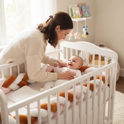Maman et bébé avec tresse de lit orange rose blanc - Protection chambre gaie