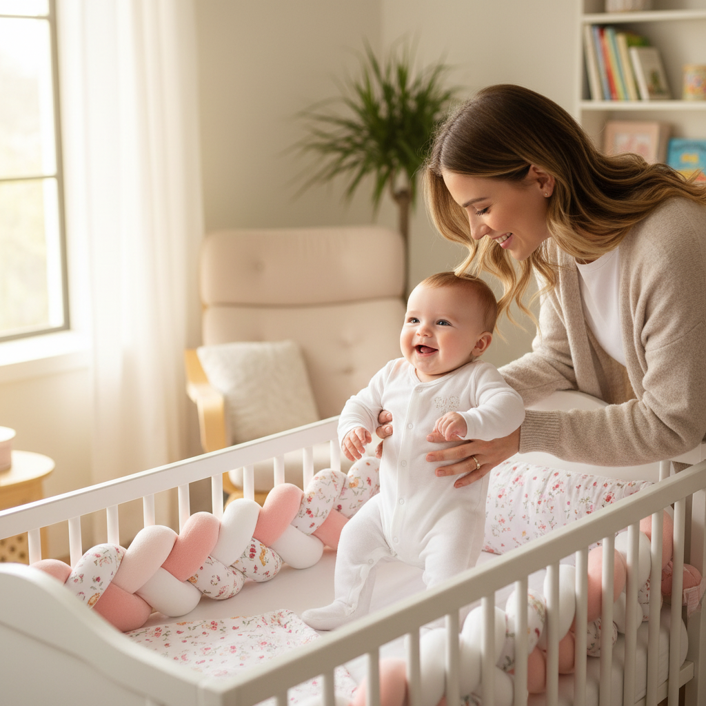 Maman et bébé avec tresse de lit rose blanc - Protection douce chambre bébé
