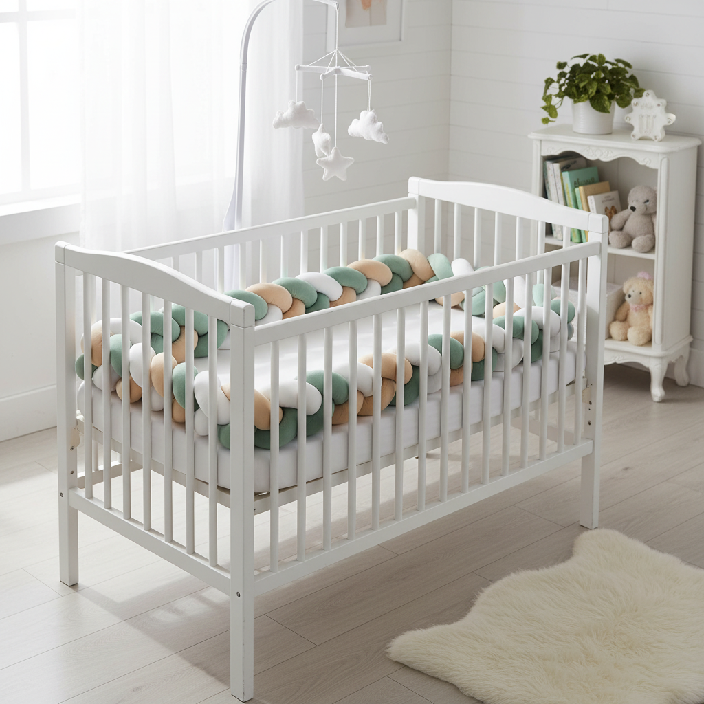 Tour de lit tressé vert menthe rose beige installé - Chambre bébé harmonieuse