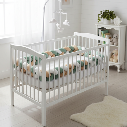 Tour de lit tressé vert menthe rose beige installé - Chambre bébé harmonieuse
