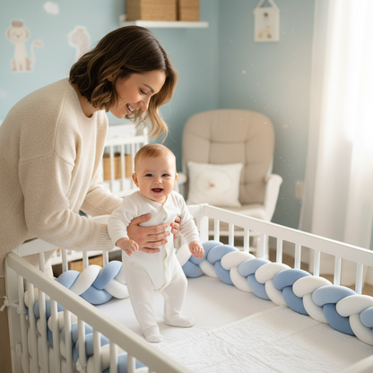 Maman et bébé avec tresse de lit bleu ciel blanc - Protection chambre garçon