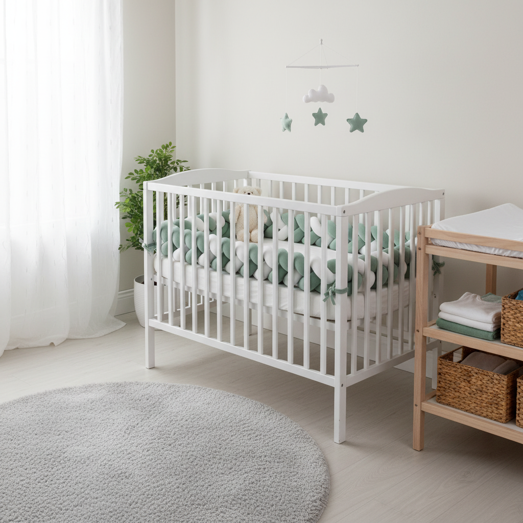 tresse de lit bebe vert menthe blanc dans lit barreaux chambre bebe