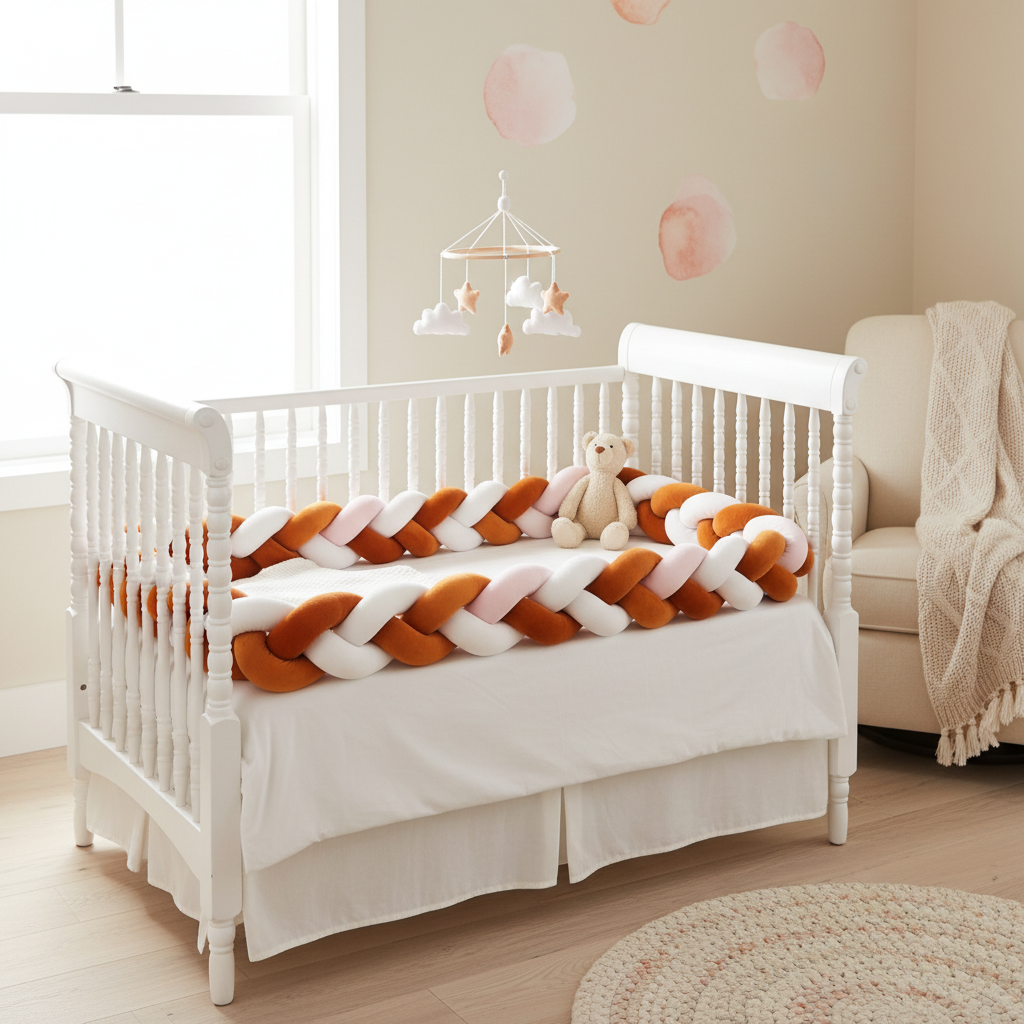 Tour de lit tressé orange rose blanc installé - Chambre bébé joyeuse
