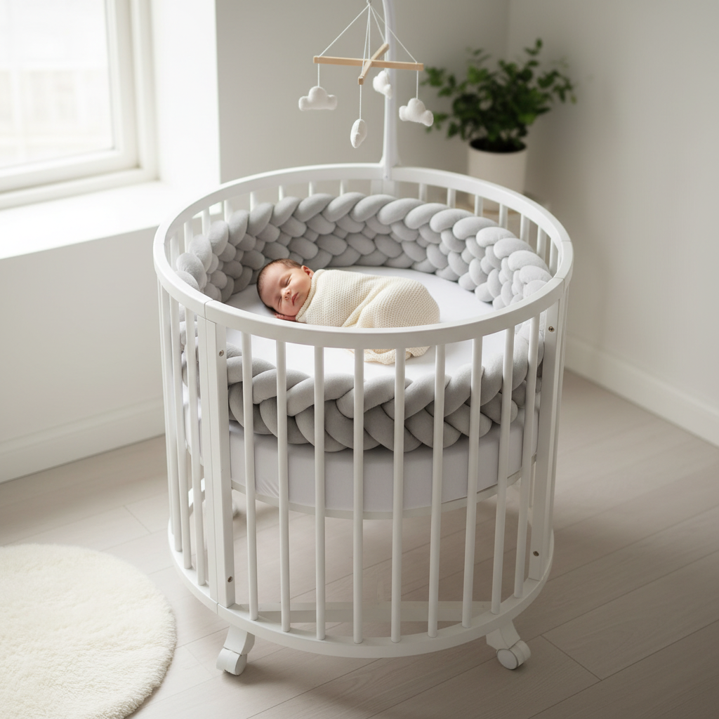 tour de lit tresse gris bebe lit rond blanc coton doux