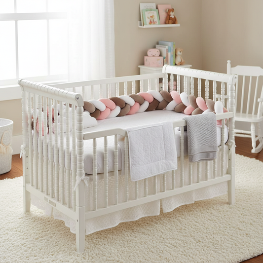 Tour de lit tressé rose gris blanc installé - Chambre bébé raffinée