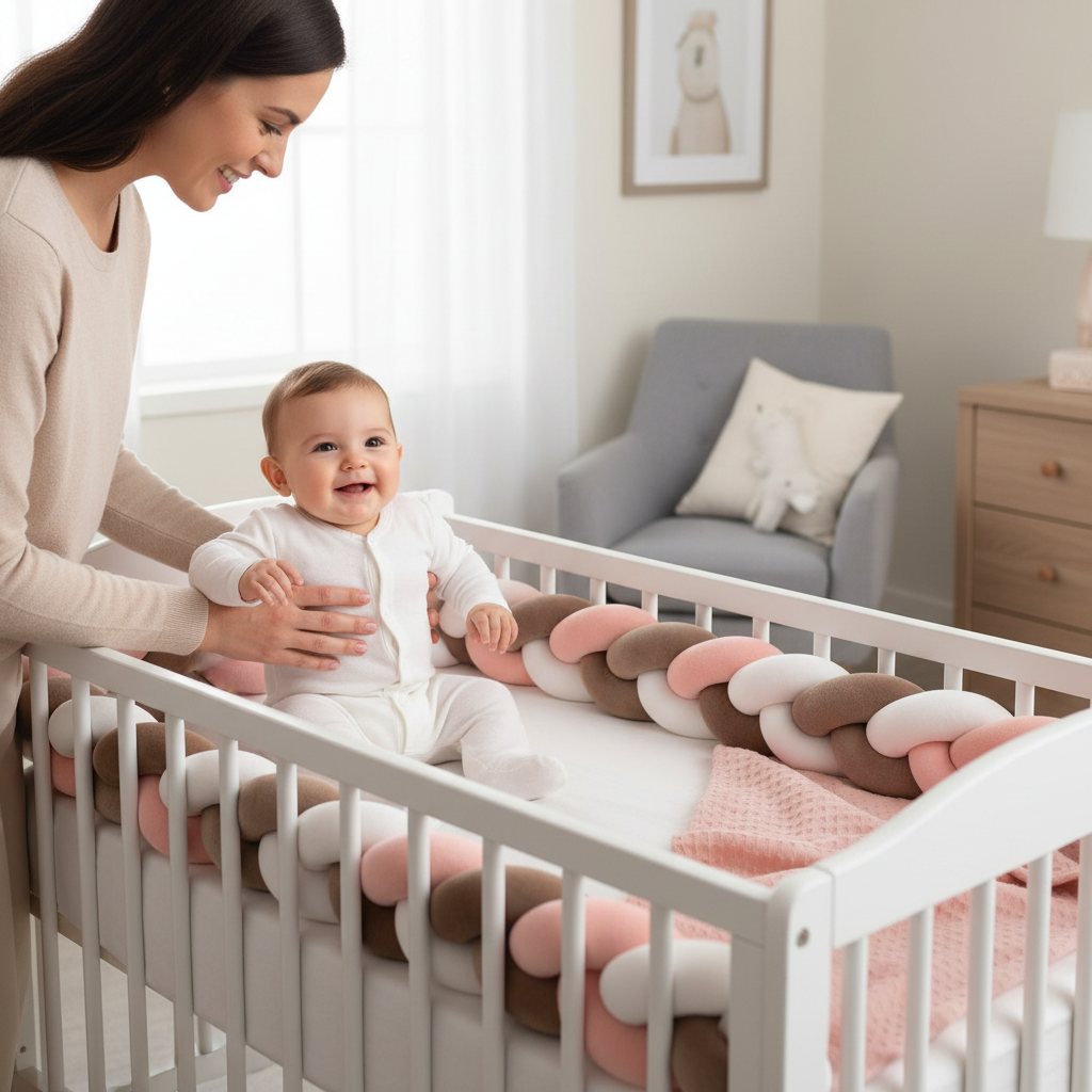 Maman et bébé avec tresse de lit rose gris blanc - Protection chambre fille