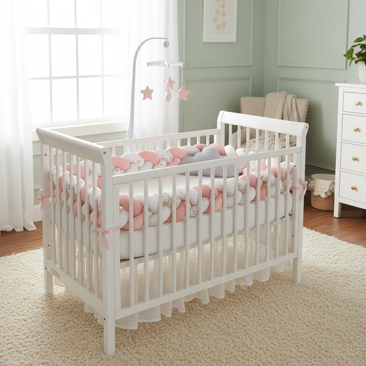 Tour de lit tressé rose blanc installé - Chambre bébé fille pastel