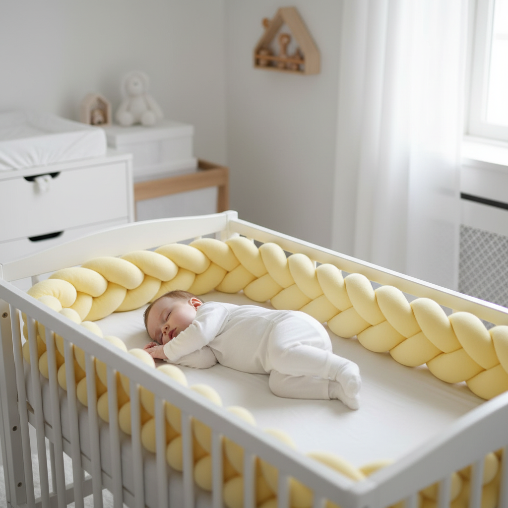 Tour de lit tresse 3m jaune pastel - Bébé dort paisiblement en sécurité