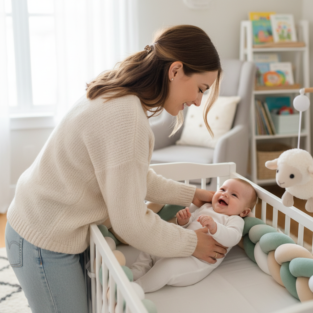 Maman et bébé avec tresse de lit vert menthe rose beige - Protection chambre pastel