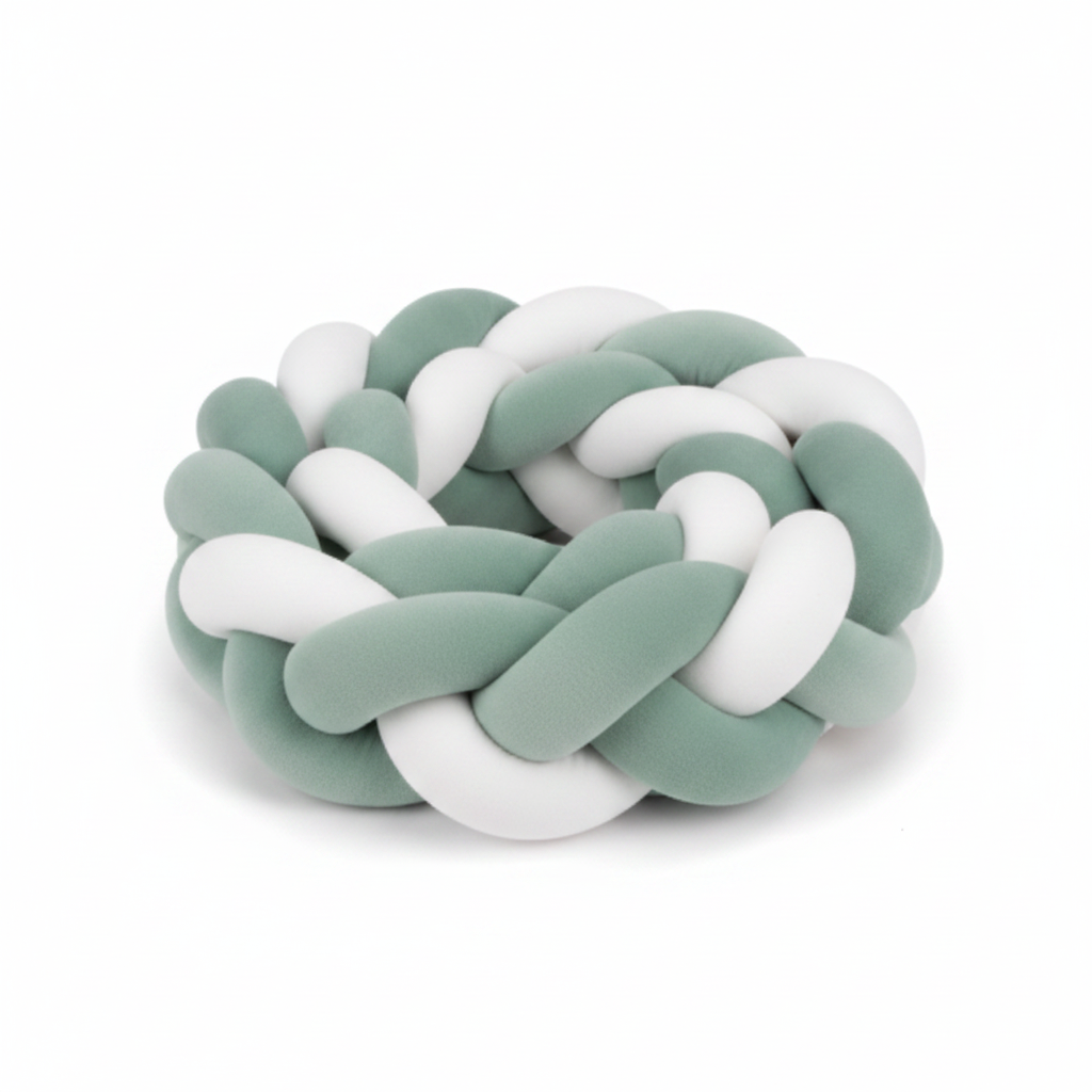tresse de lit bebe vert menthe blanc enroulee fond blanc