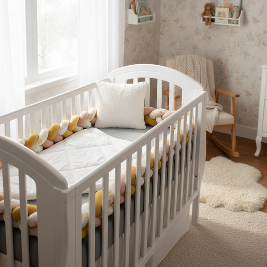 Tour de lit tressé pastel multicolore installé - Chambre bébé joyeuse
