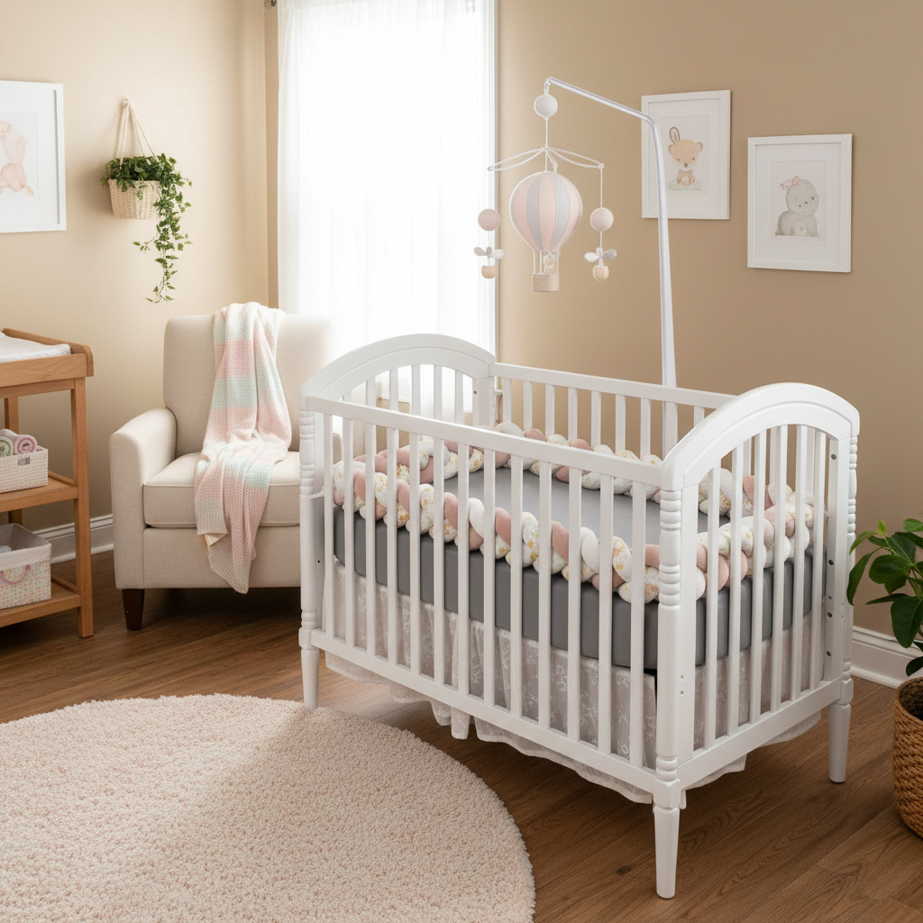 Tour de lit tressé rose lavande installé - Chambre bébé douce