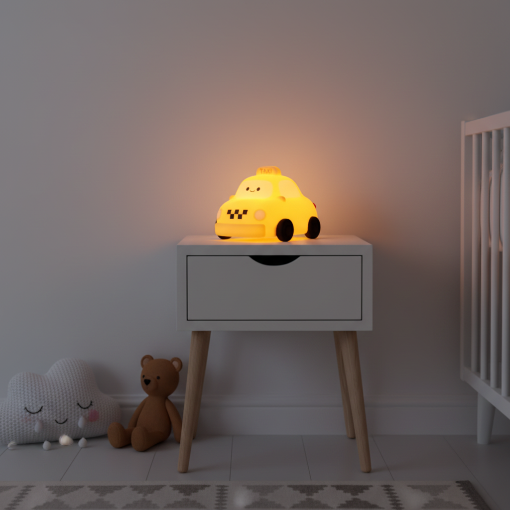 Veilleuse taxi jaune kawaii posee sur table de nuit en bois blanc dans une chambre enfant scandinave cosy, lumiere ambre douce