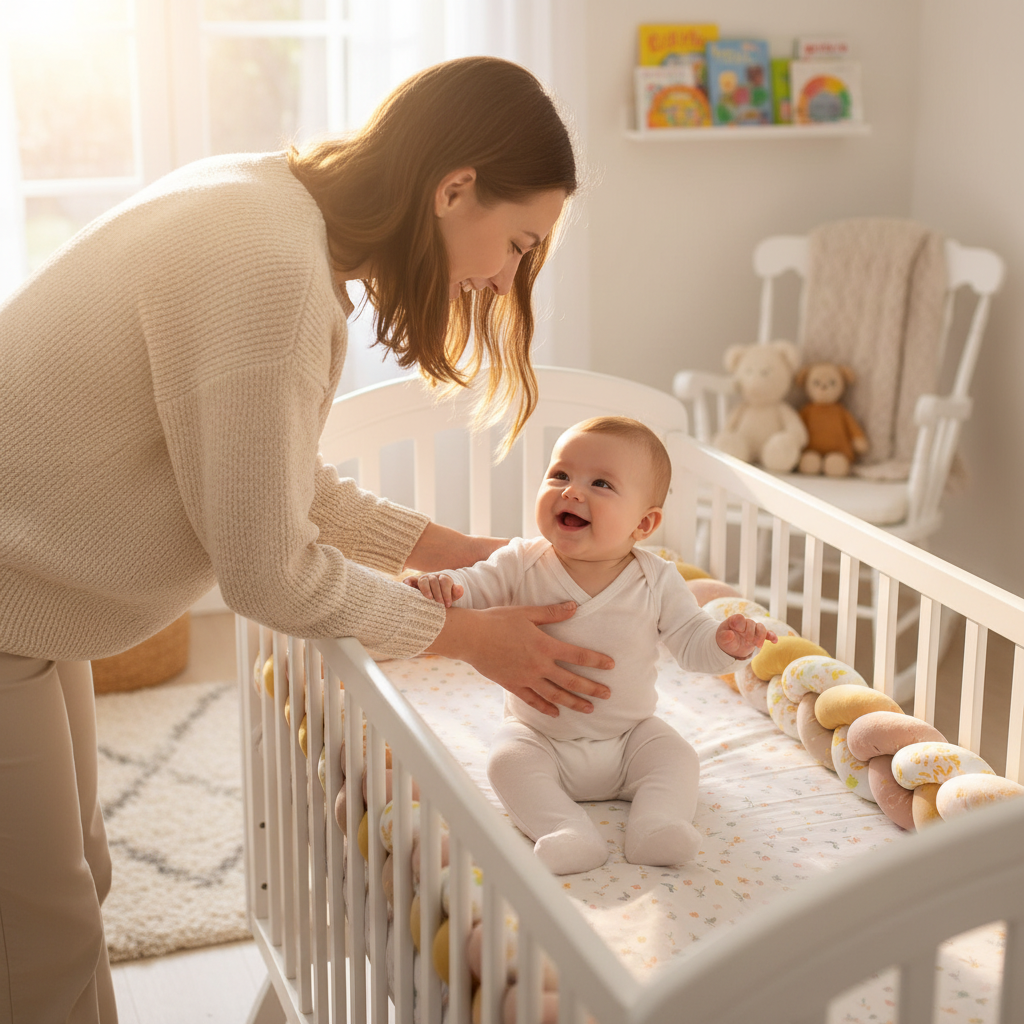 Maman et bébé avec tresse de lit pastel multicolore - Protection chambre gaie