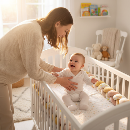 Maman et bébé avec tresse de lit pastel multicolore - Protection chambre gaie