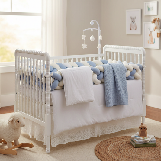 Tour de lit tressé bleu ciel blanc installé - Chambre bébé sereine