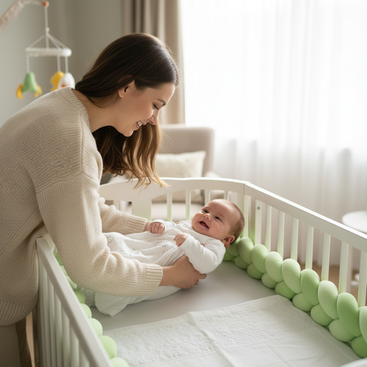 Maman et bébé avec tresse de lit vert menthe - Protection chambre nature