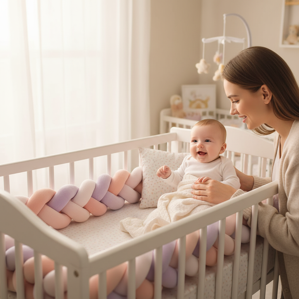Maman dépose bébé dans lit avec tresse pastel