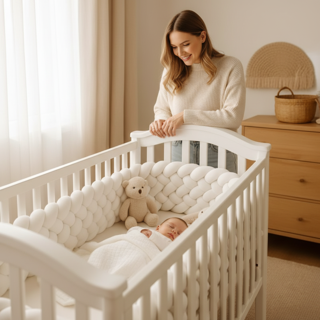 Maman devant lit bébé avec tour tressé blanc