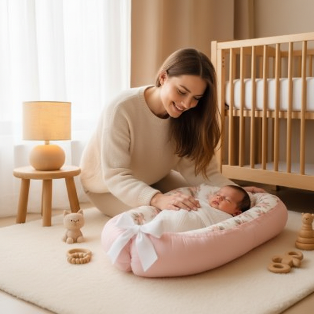 Maman place bébé dans réducteur