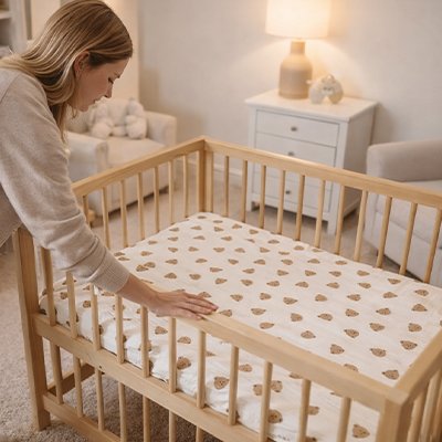 maman regarde drap housse lit bébé 