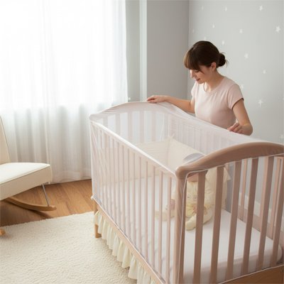 Moustiquaire lit bébé maman surveille 