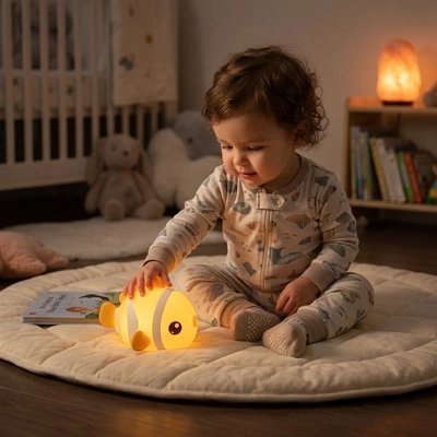 petit garçon touche Veilleuse bébé