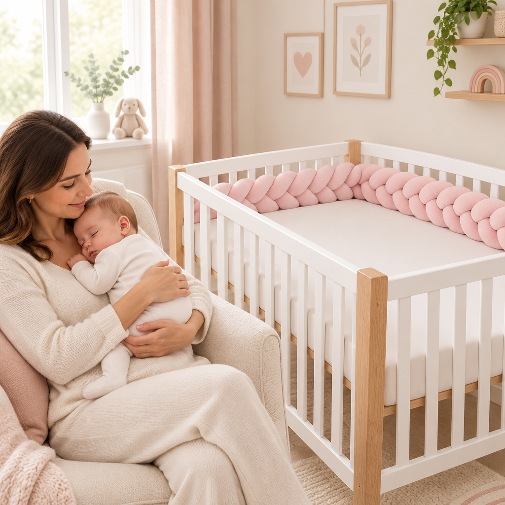 Photo deco avec tresse rose et bebe dans les bras de sa maman