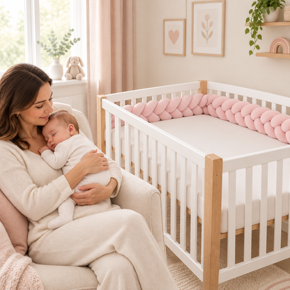 Photo deco avec tresse rose et bebe dans les bras de sa maman