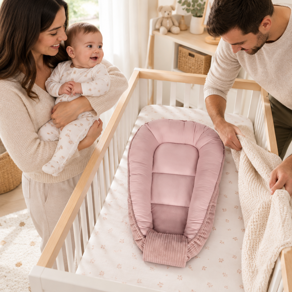 reducteur de lit rose dans une chambre familiale avec parents