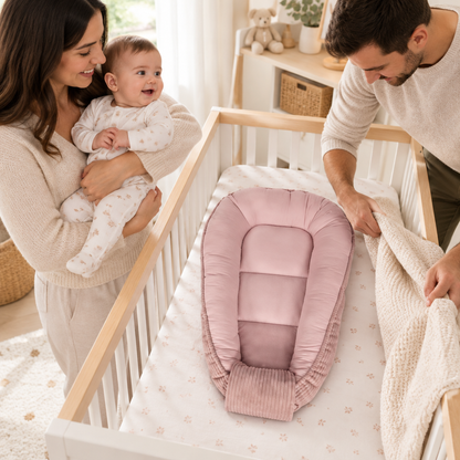 reducteur de lit rose dans une chambre familiale avec parents