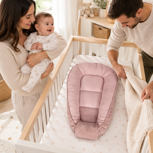 reducteur de lit rose dans une chambre familiale avec parents
