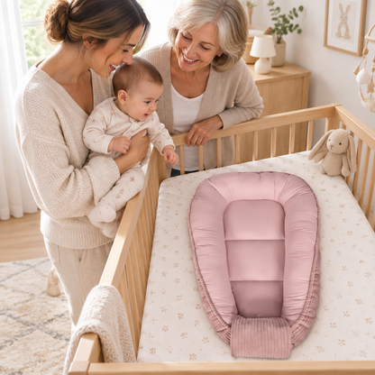 reducteur de lit rose dans une scene familiale intergenerationnelle joyeuse
