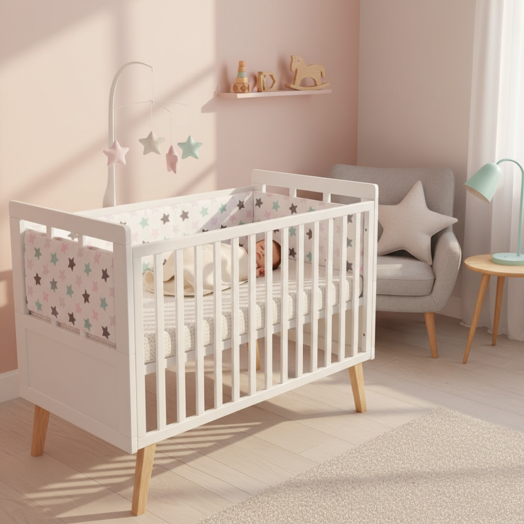 tour de lit bebe toiles multicolores blanc bebe endormi en securite