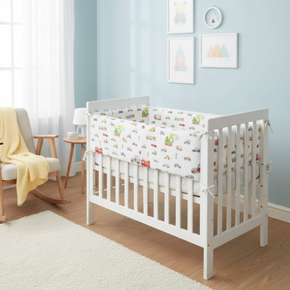 Tour de lit bébé véhicules dans une chambre bébé neutre et lumineuse