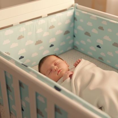 tour de lit bebe bleu nuages bebe qui dort
