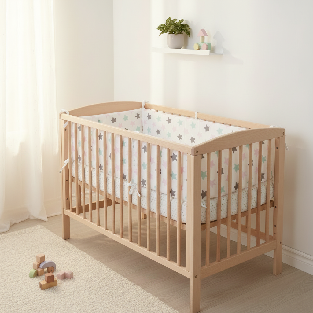 Tour de lit bebe etoiles multicolores lit bois naturel scandinave