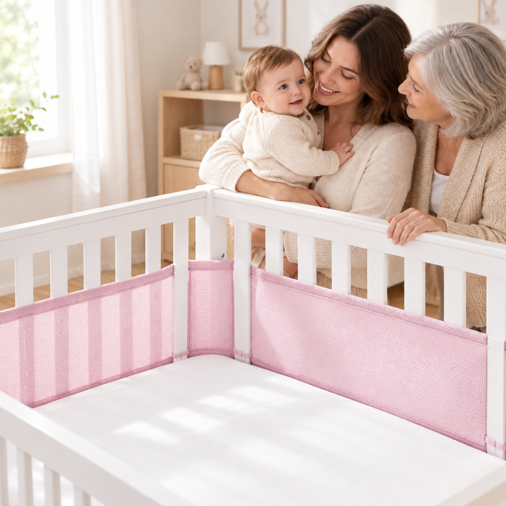 Tour de lit respirant rose en famille