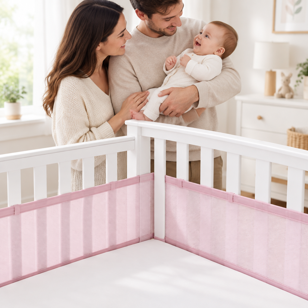 Tour de lit respirant rose fixé au lit de bébé