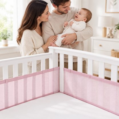 Tour de lit respirant rose fixé au lit de bébé