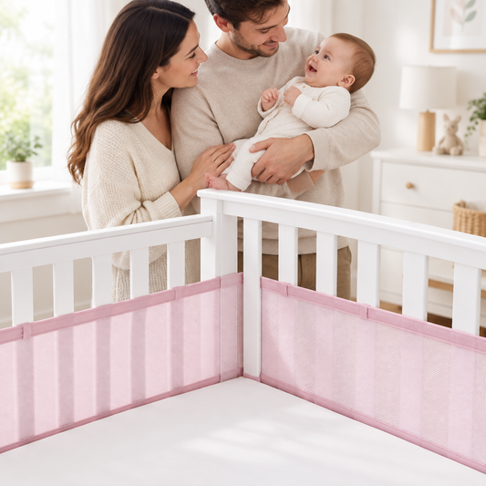Tour de lit respirant rose fixé au lit de bébé