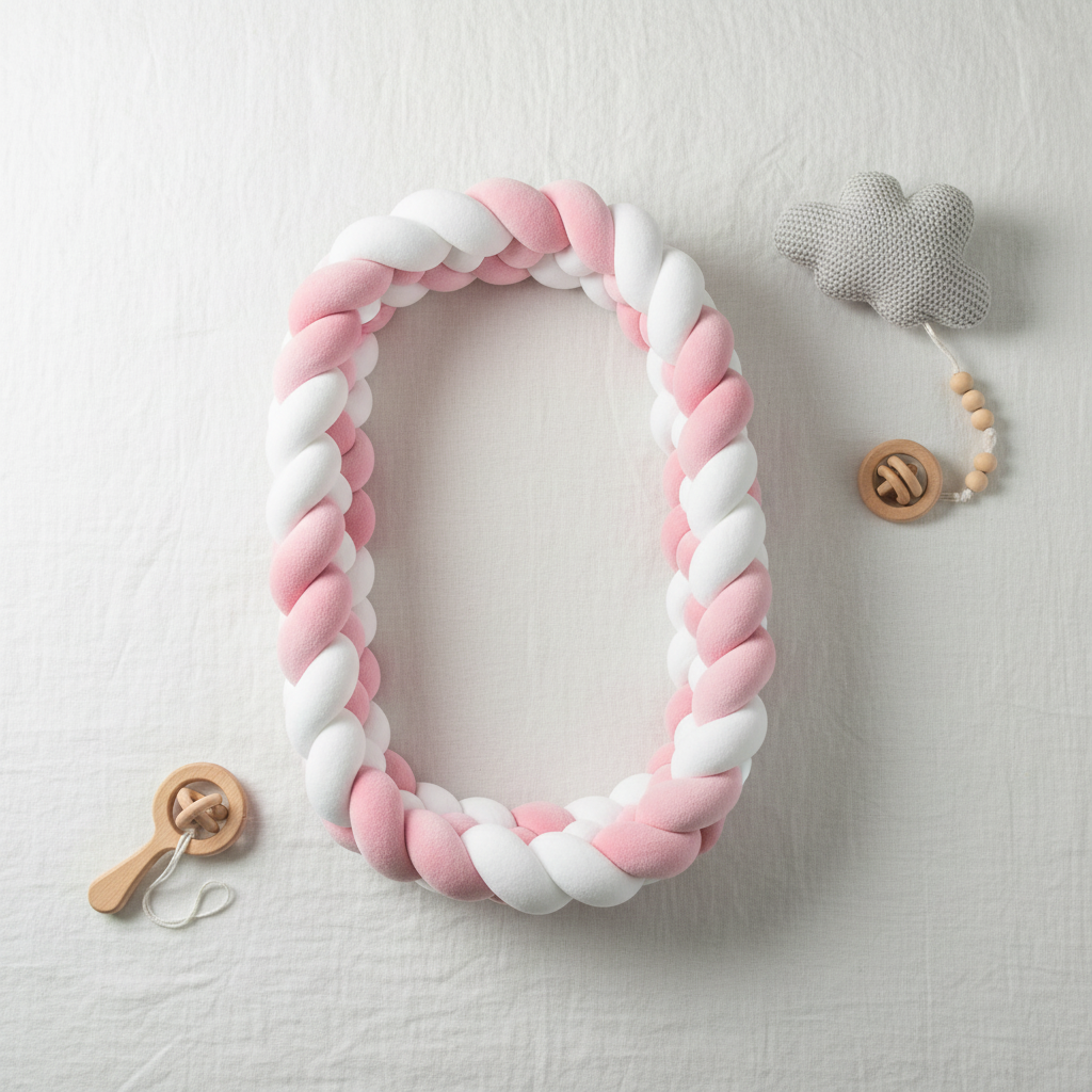 tour de lit tressé rose et blanc sur lin blanc, style minimaliste 